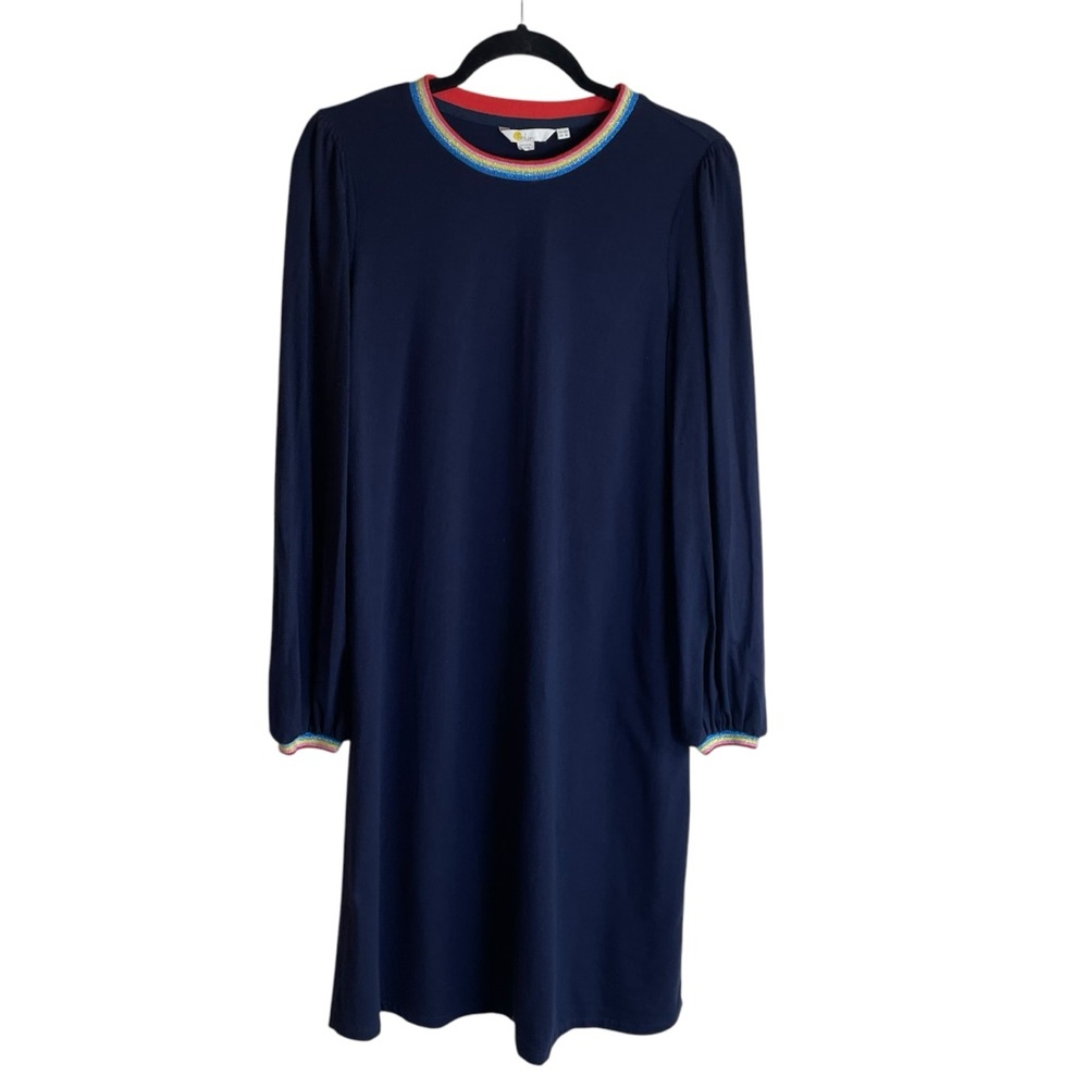 Boden Long Sleeve Navy Dress Rainbow Metallic Trim Womens Size 8 Long